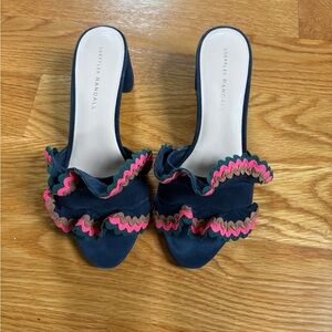 Loeffler Randall Navy Suede Ruffle Slide Heels with Pink & Tan Trim